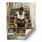 Black man reading nook rolled canvas print ready for custom framing, watercolor Black man reading on stoop. Digital mockup.