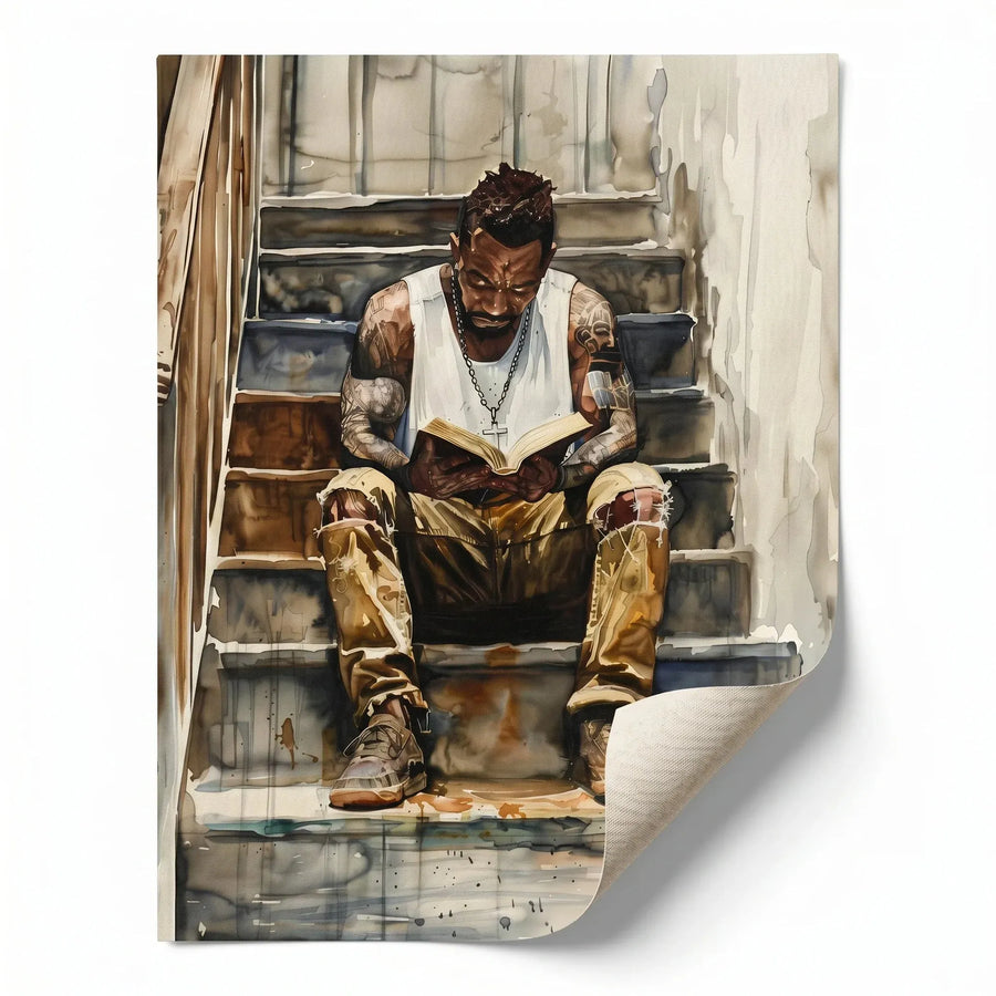 Black man reading nook rolled canvas print ready for custom framing, watercolor Black man reading on stoop. Digital mockup.
