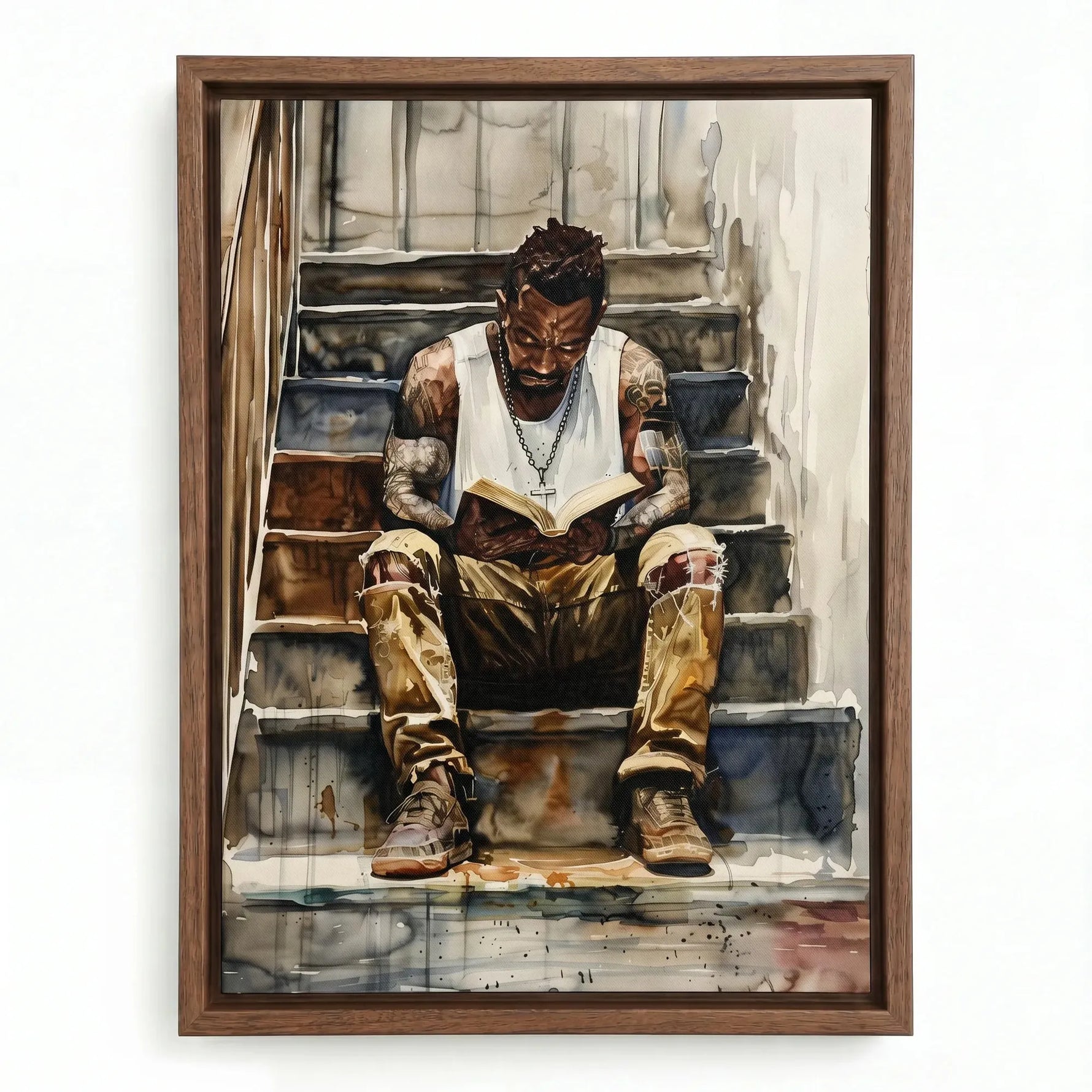 Black man reading nook in walnut floating frame, watercolor of Black man reading on urban stoop in tank top. Digital mockup.