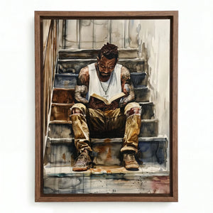 Black man reading nook in walnut floating frame, watercolor of Black man reading on urban stoop in tank top. Digital mockup.