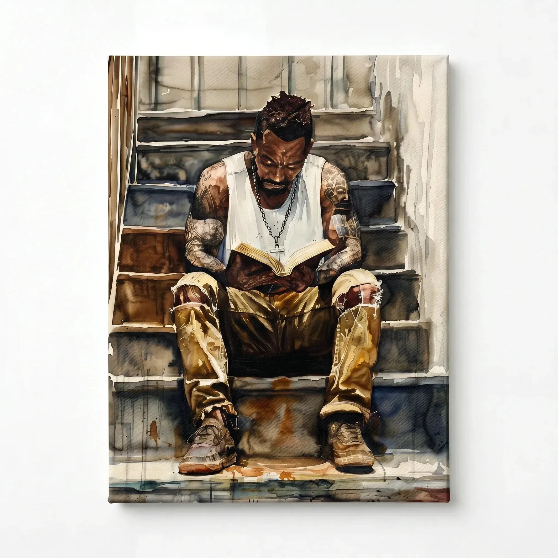 Black man reading nook stretched canvas, ready to hang. Watercolor of Black man reading book on stairs. Digital mockup.