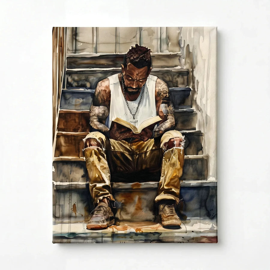 Black man reading nook stretched canvas, ready to hang. Watercolor of Black man reading book on stairs. Digital mockup.