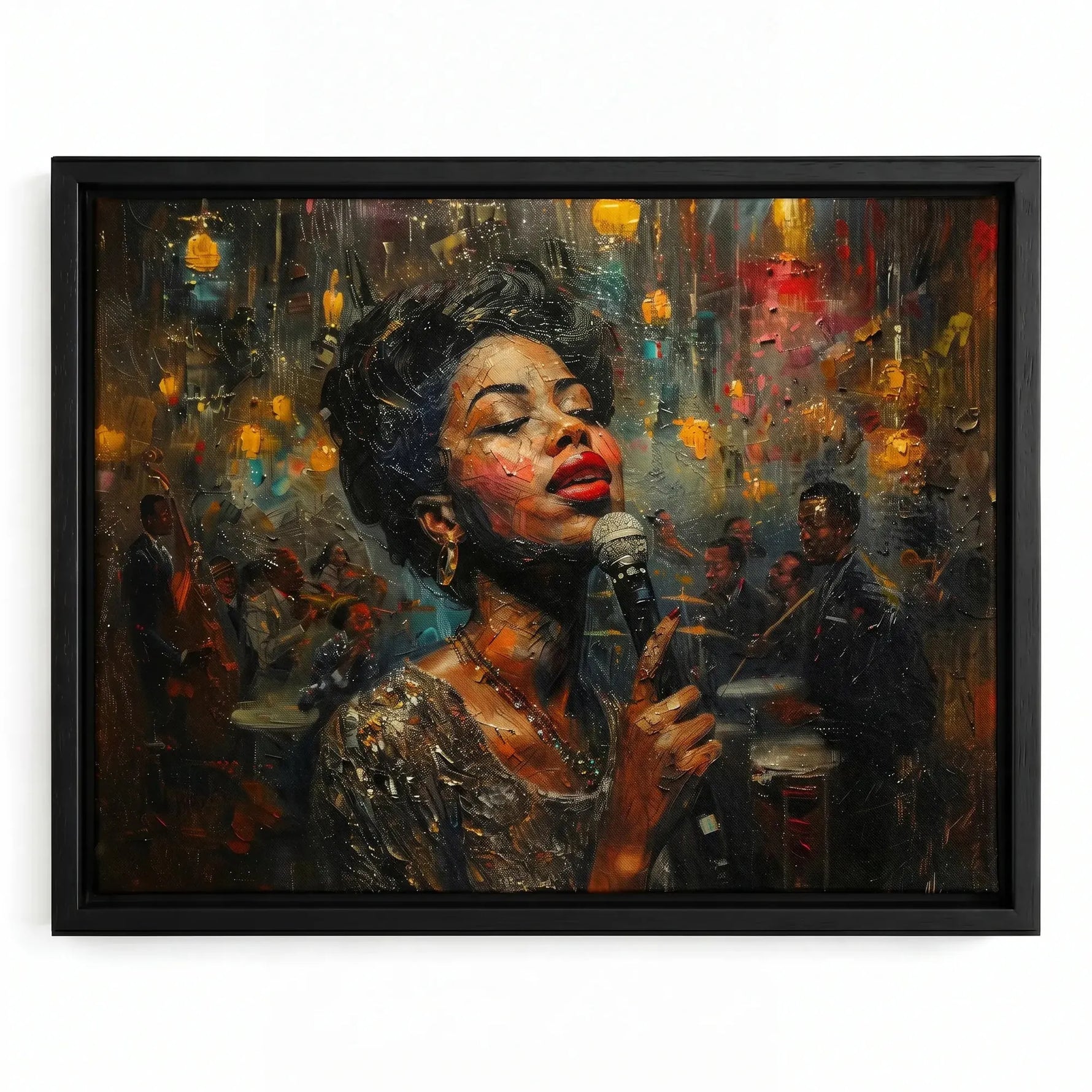 Harlem Renaissance art in black floating frame, impasto vintage Black jazz singer at microphone in smoky jazz club. Digital mockup.