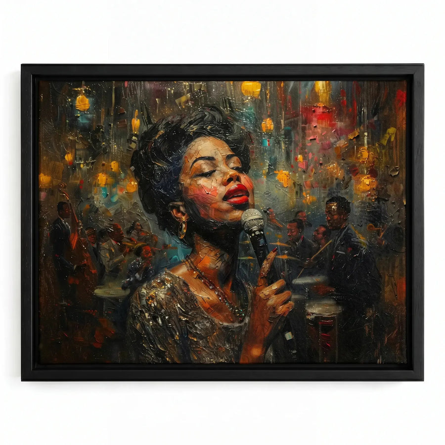 Harlem Renaissance art in black floating frame, impasto vintage Black jazz singer at microphone in smoky jazz club. Digital mockup.