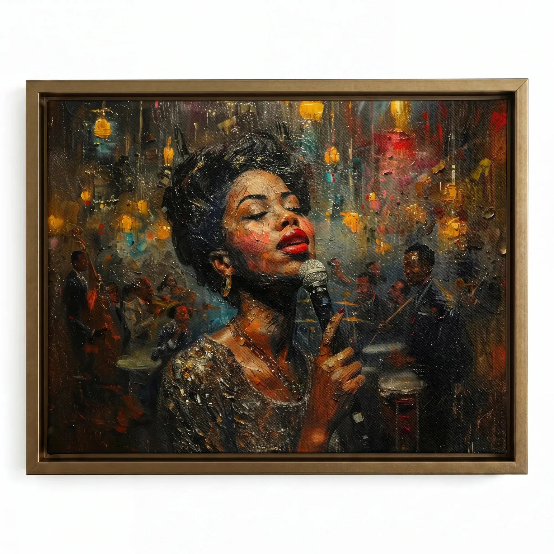 Harlem Renaissance art in gold floating frame, vintage Black jazz singer in beaded gown at microphone, impasto oil painting. Digital mockup.