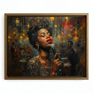 Harlem Renaissance art in gold floating frame, vintage Black jazz singer in beaded gown at microphone, impasto oil painting. Digital mockup.