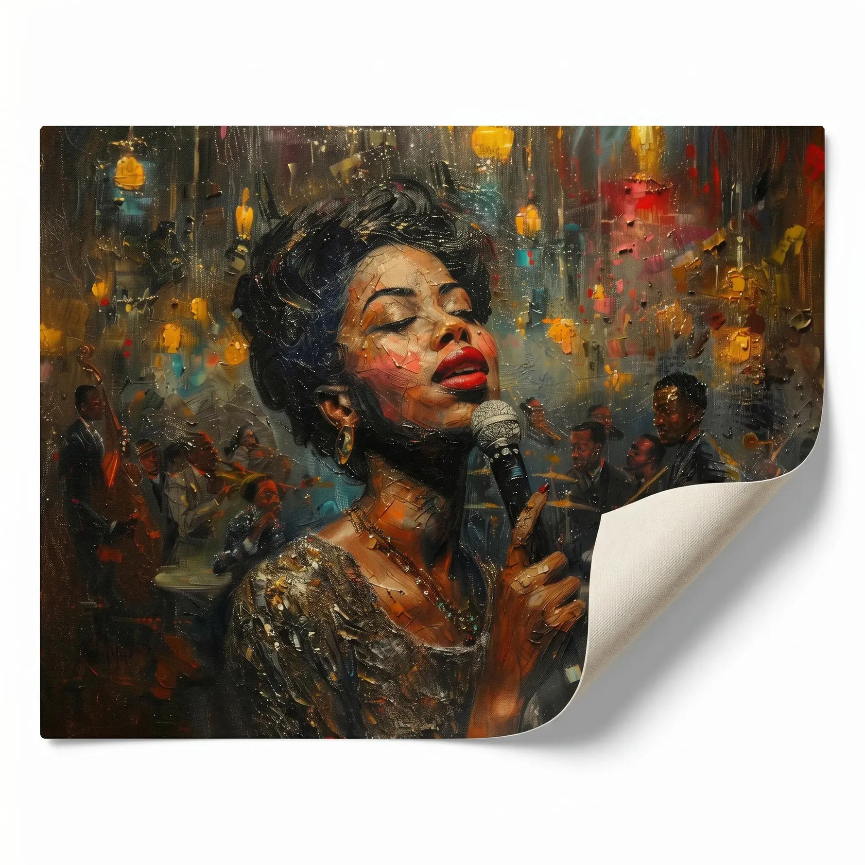 Harlem Renaissance art rolled canvas print ready for custom framing, vintage Black jazz singer at microphone. Digital mockup.