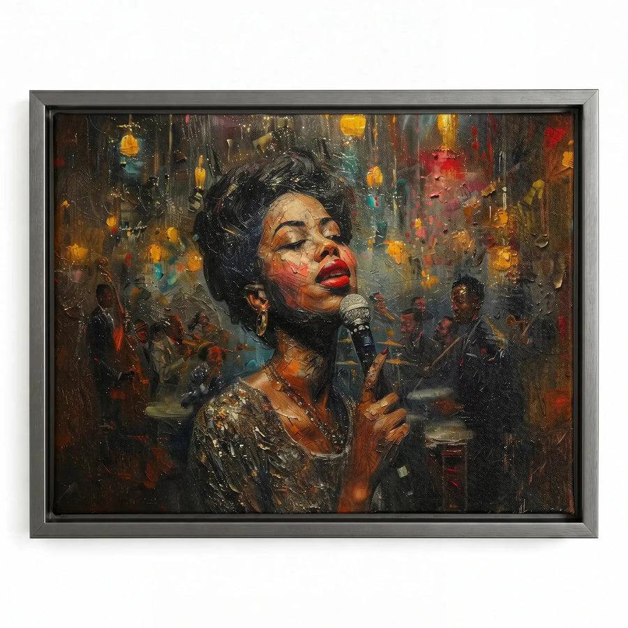 Harlem Renaissance art in silver floating frame, modern impasto Black jazz singer at vintage microphone. Digital mockup.