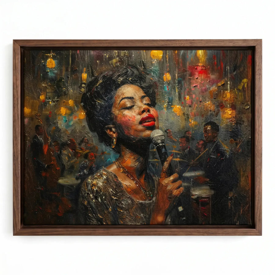 Harlem Renaissance art in walnut floating frame, vintage Black jazz singer at vintage microphone impasto oil painting. Digital mockup.
