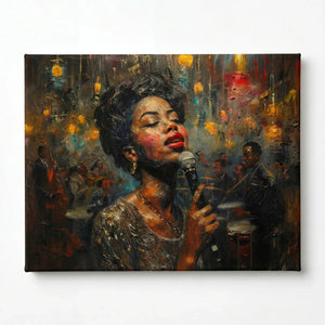 Harlem Renaissance art stretched canvas, ready to hang. Vintage Black jazz singer at vintage microphone impasto oil painting. Digital mockup.