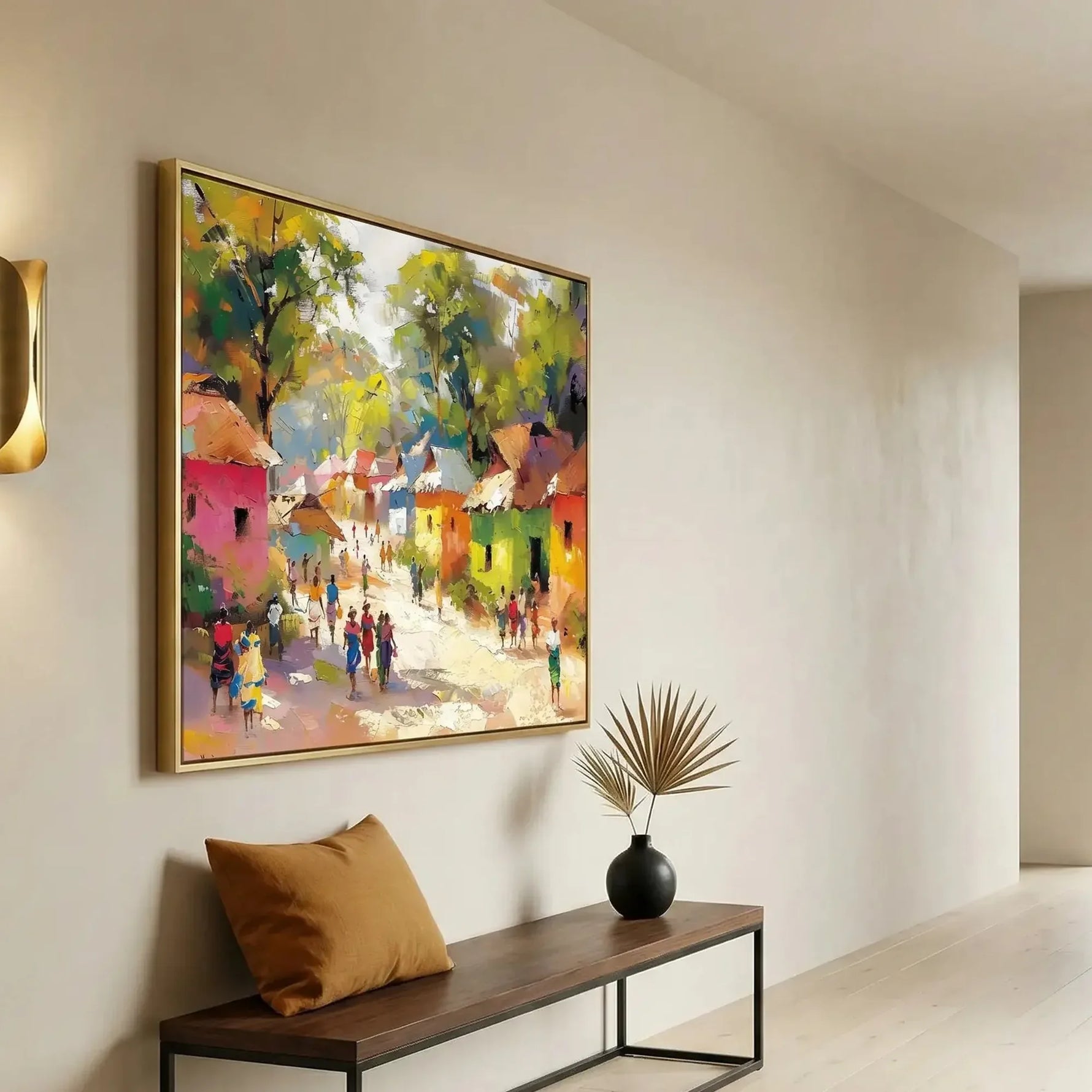 Modern Black art for apartment in minimalist hallway with brass sconce and walnut bench, colorful African village painting. Digital mockup.