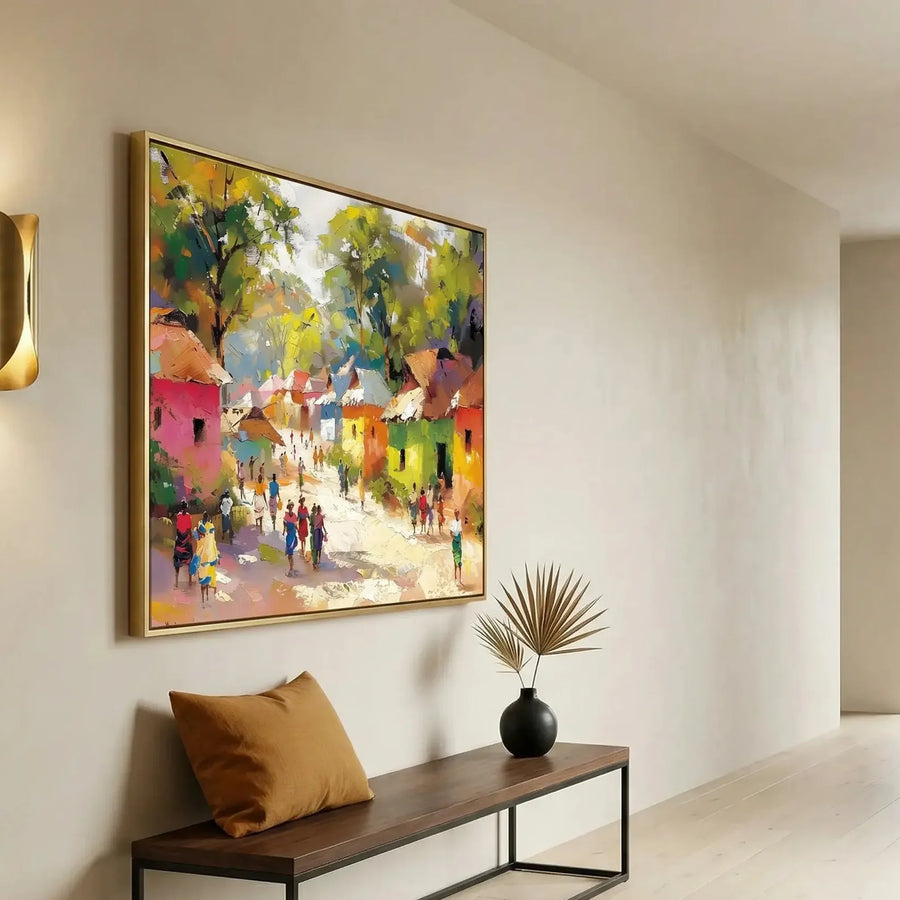 Modern Black art for apartment in minimalist hallway with brass sconce and walnut bench, colorful African village painting. Digital mockup.