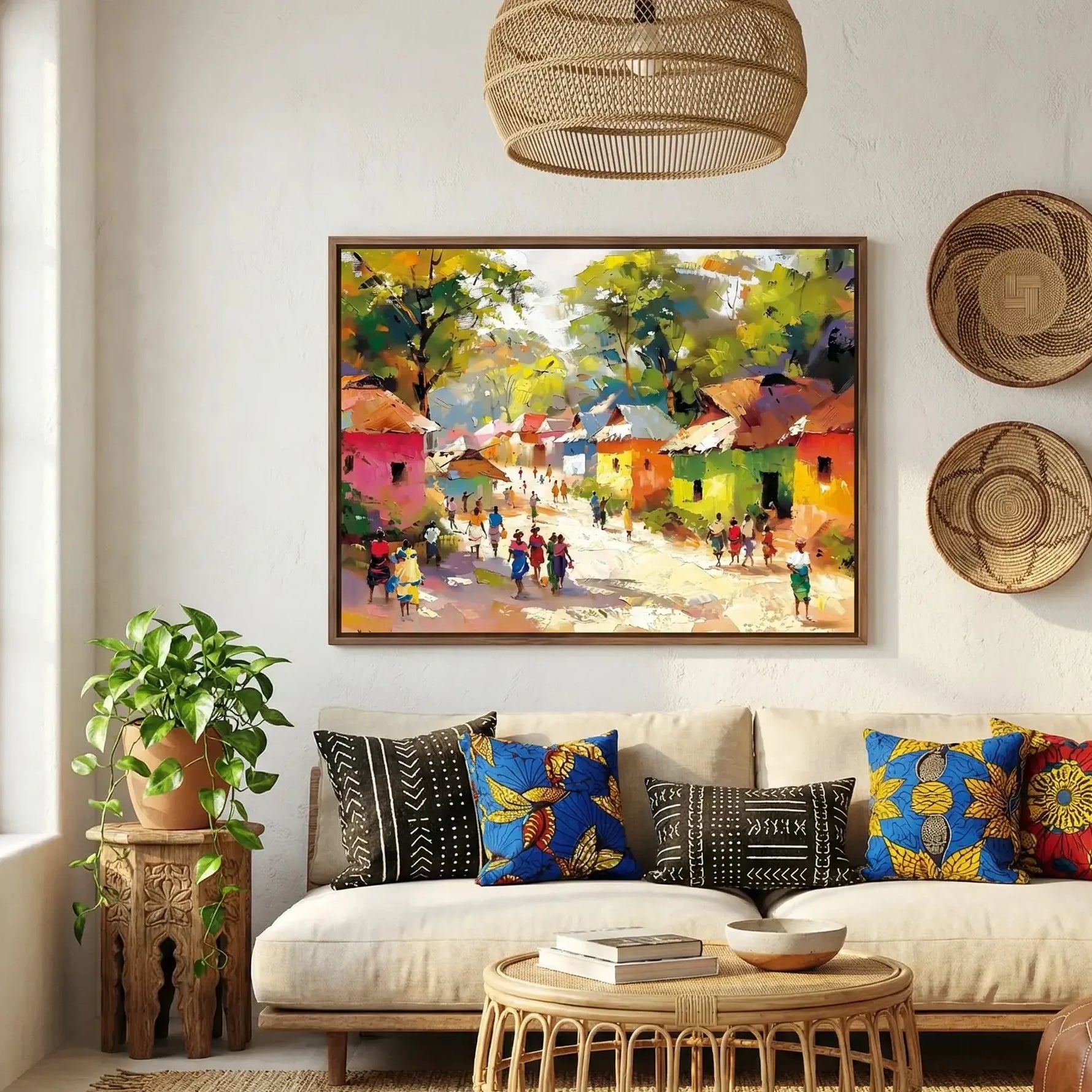 Modern African tribal wall decor in boho living room with mudcloth pillows and African baskets, colorful African village. Digital mockup.