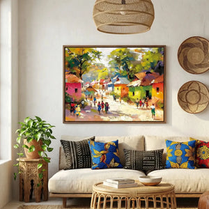 Modern African tribal wall decor in boho living room with mudcloth pillows and African baskets, colorful African village. Digital mockup.