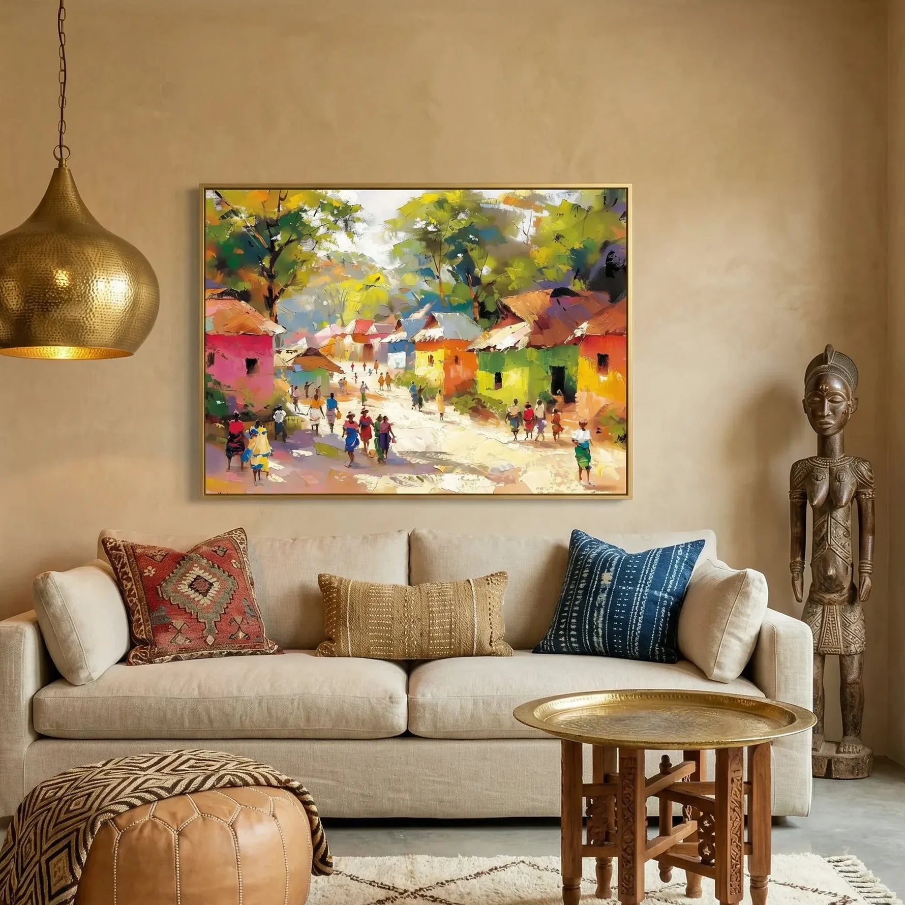 Modern African American art in Moroccan plaster living room with cream sofa and African statue, colorful African village. Digital mockup.