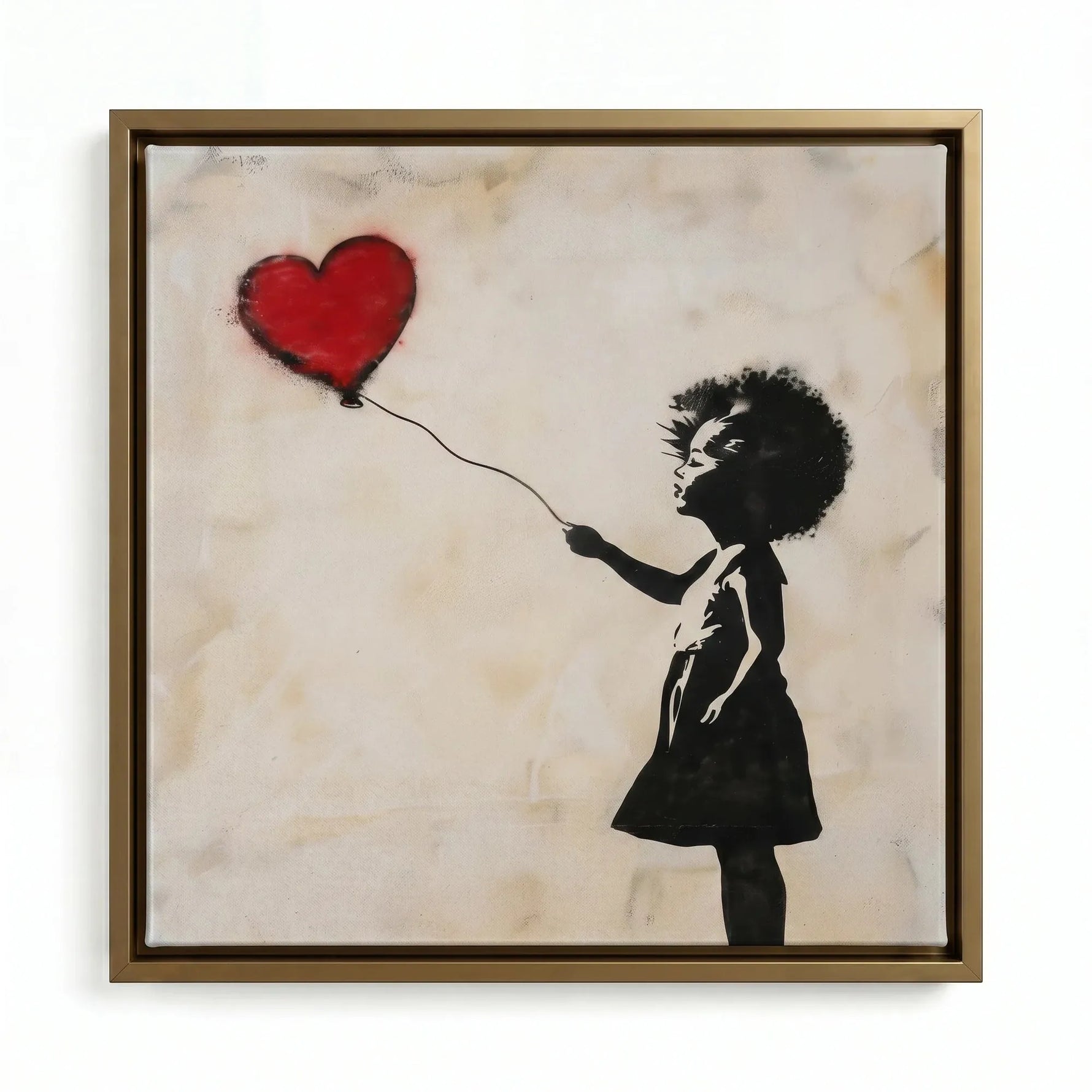 Modern African American art in gold floating frame, iconic Black girl with red heart balloon, street art stencil. Digital mockup.