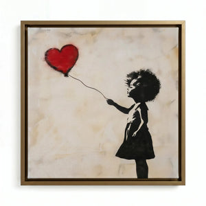 Modern African American art in gold floating frame, iconic Black girl with red heart balloon, street art stencil. Digital mockup.