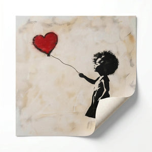 Modern African American art rolled canvas print ready for custom framing, street-art Black girl with red balloon. Digital mockup.