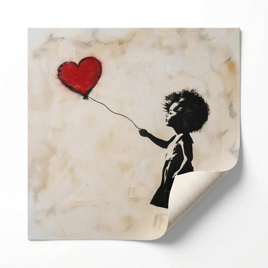 Modern African American art rolled canvas print ready for custom framing, street-art Black girl with red balloon. Digital mockup.