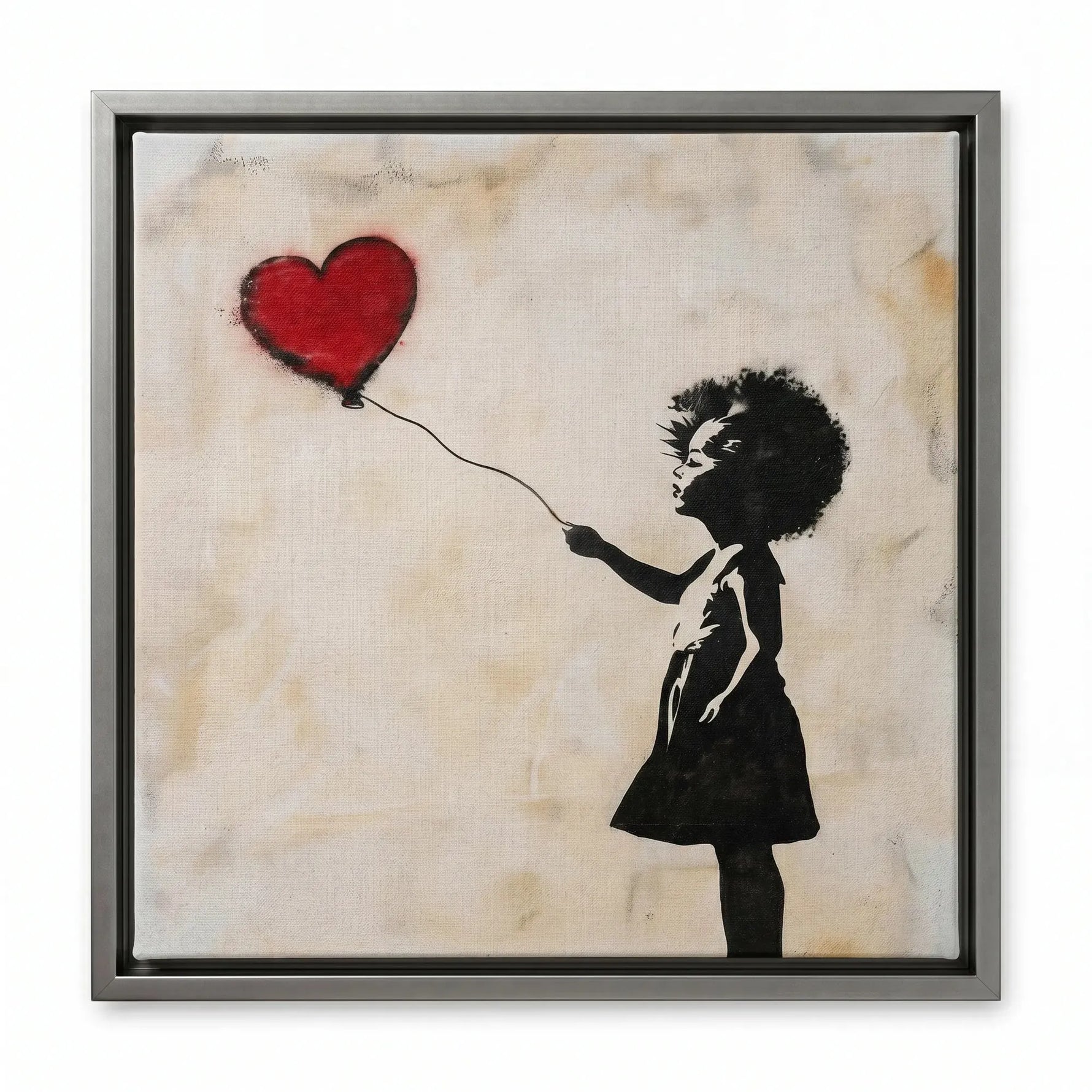 Modern African American art in silver floating frame, modern Black girl with red heart balloon, stencil art. Digital mockup.
