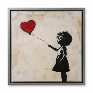 Modern African American art in silver floating frame, modern Black girl with red heart balloon, stencil art. Digital mockup.