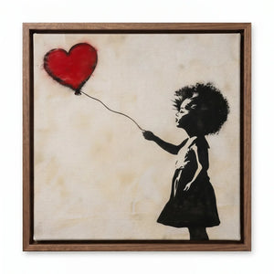 Modern African American art in walnut floating frame, Black girl with red heart balloon, street-art stencil portrait. Digital mockup.