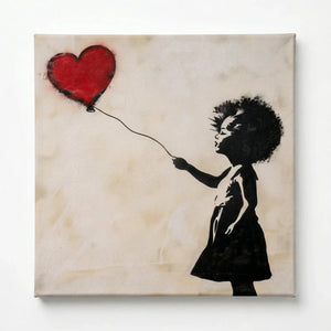 Modern African American art stretched canvas with gallery wrap, ready to hang. Black girl with red heart balloon, stencil. Digital mockup.