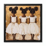 Black art for nursery walls in black floating frame, three Black girl sisters in white dresses, painterly portrait. Digital mockup.