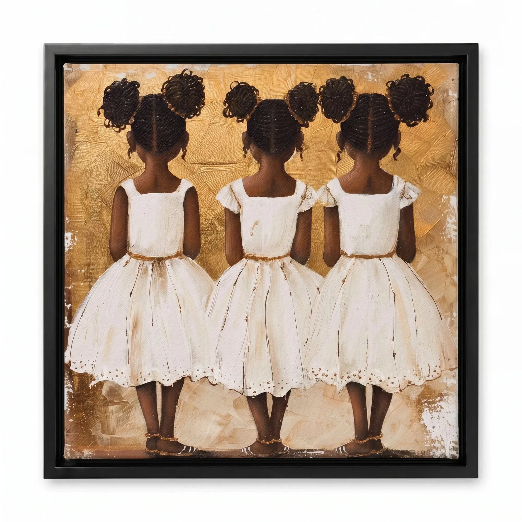 Black art for nursery walls in black floating frame, three Black girl sisters in white dresses, painterly portrait. Digital mockup.