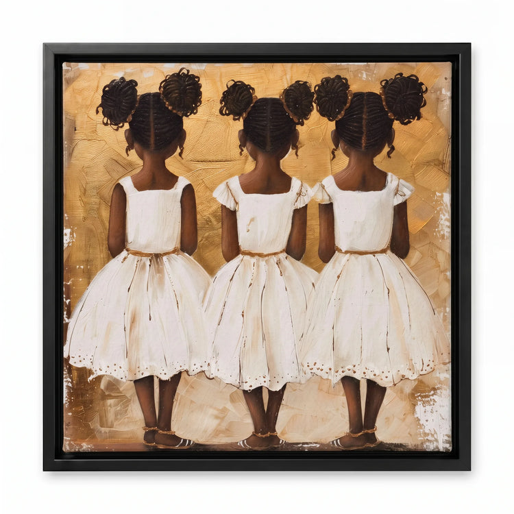 Lil Sis canvas in black floating frame, Afrocentric wall decor. Digital mockup.