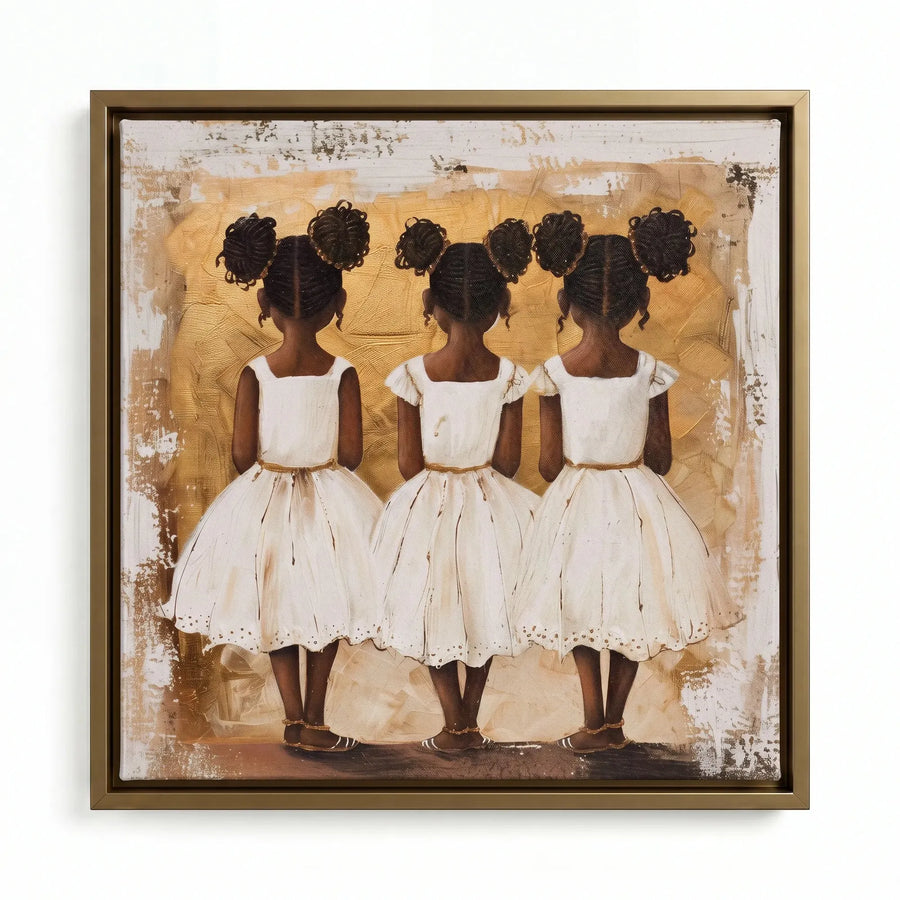 Black art for nursery walls in gold floating frame, three little Black girls in white dresses, oil painting. Digital mockup.