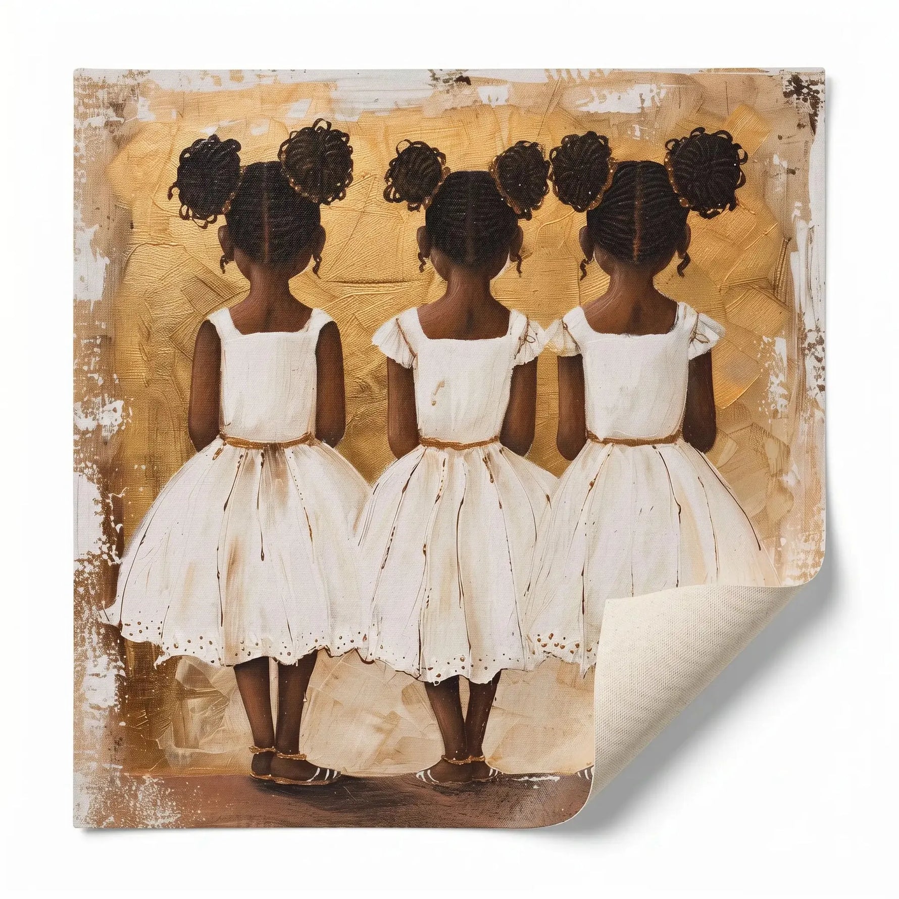 Black art for nursery walls rolled canvas print ready for custom framing, three Black girl sisters painterly. Digital mockup.