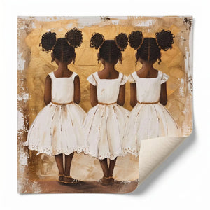 Black art for nursery walls rolled canvas print ready for custom framing, three Black girl sisters painterly. Digital mockup.