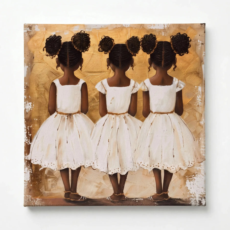 Black art for nursery walls stretched canvas, ready to hang. Three Black girl sisters in white dresses, painterly portrait. Digital mockup.