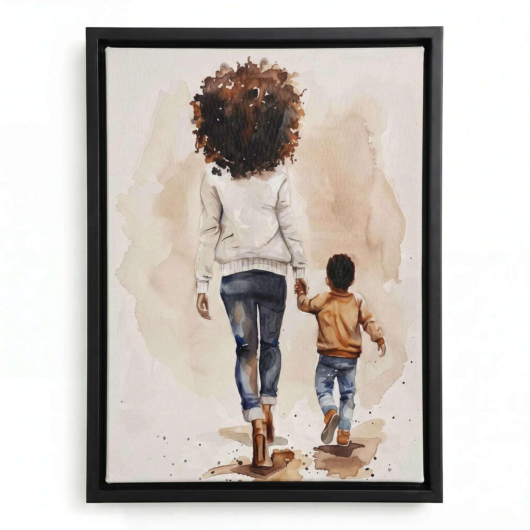Black motherhood art prints in black floating frame, watercolor of Black mother with afro walking with her son. Digital mockup.