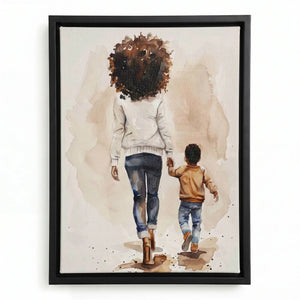 Black motherhood art prints in black floating frame, watercolor of Black mother with afro walking with her son. Digital mockup.