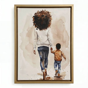 Black motherhood art prints in gold floating frame, watercolor of Black mother and small son walking hand in hand. Digital mockup.