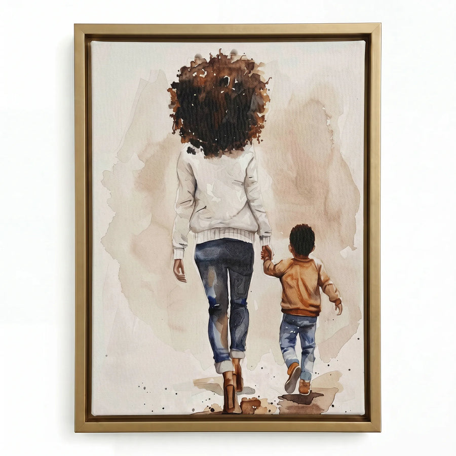 Black motherhood art prints in gold floating frame, watercolor of Black mother and small son walking hand in hand. Digital mockup.
