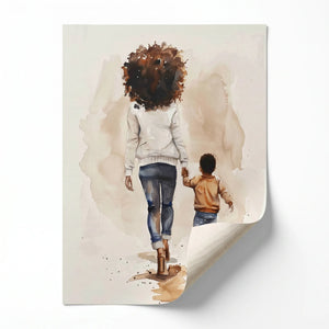 Black motherhood art prints rolled canvas print ready for custom framing, Black mother and son walking, watercolor. Digital mockup.