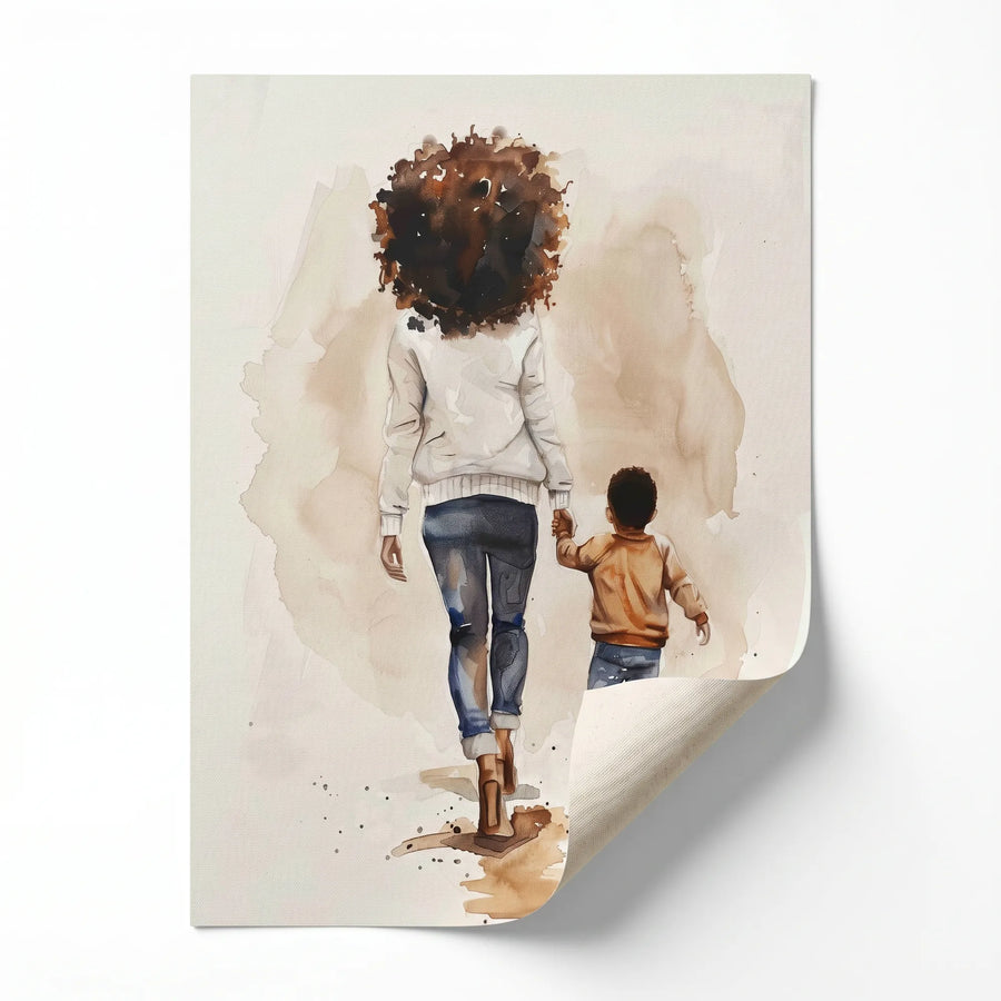 Black motherhood art prints rolled canvas print ready for custom framing, Black mother and son walking, watercolor. Digital mockup.