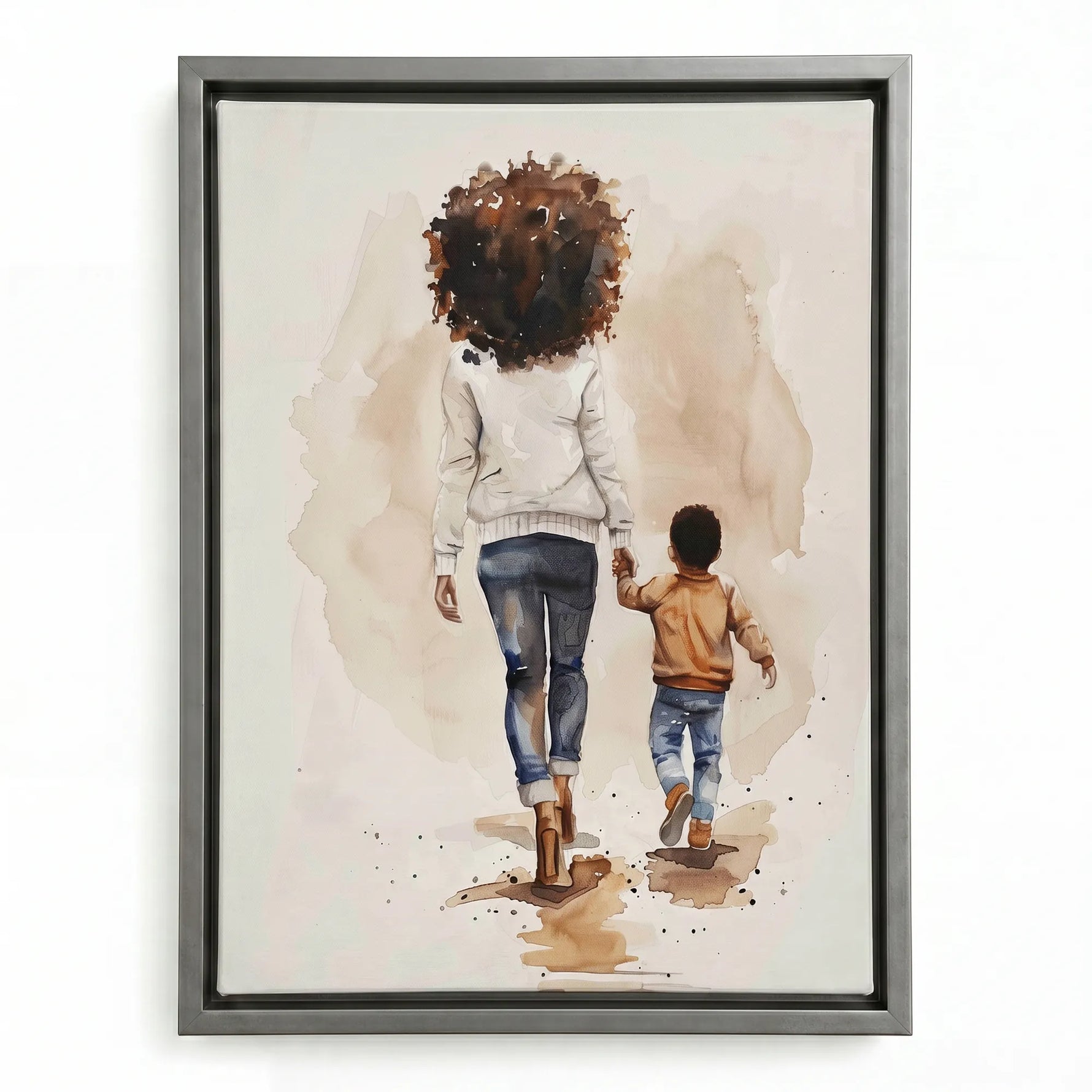 Black motherhood art prints in silver floating frame, modern watercolor of Black mother walking with her son. Digital mockup.