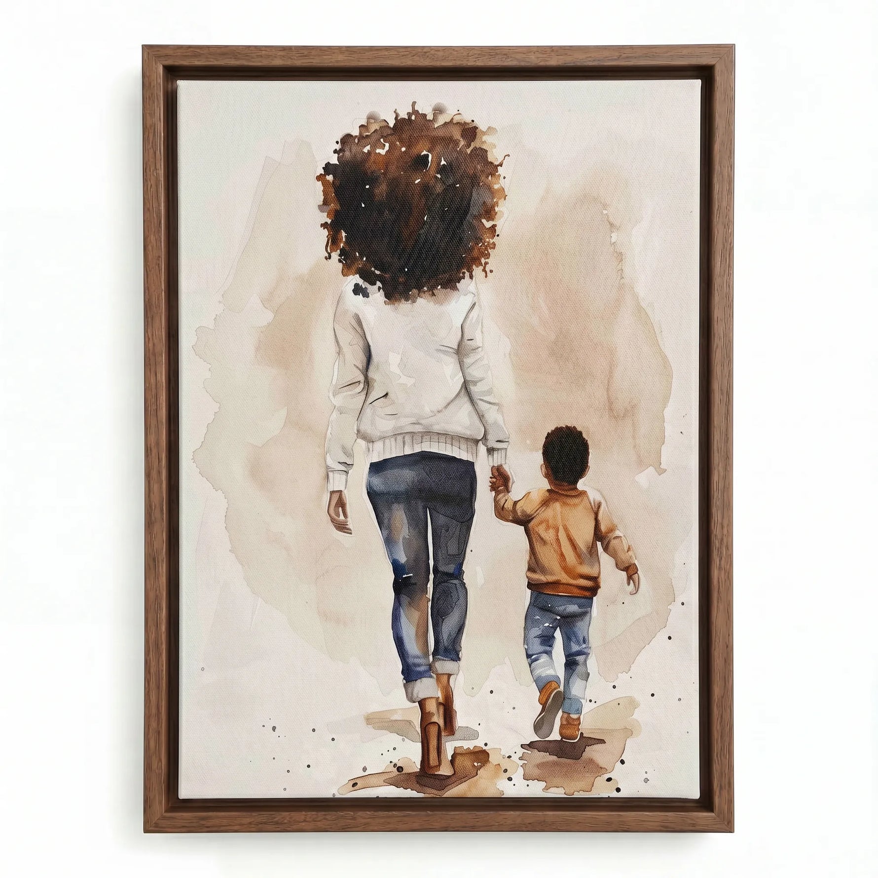 Black motherhood art prints in walnut floating frame, watercolor of Black mother in cream sweater walking with son. Digital mockup.