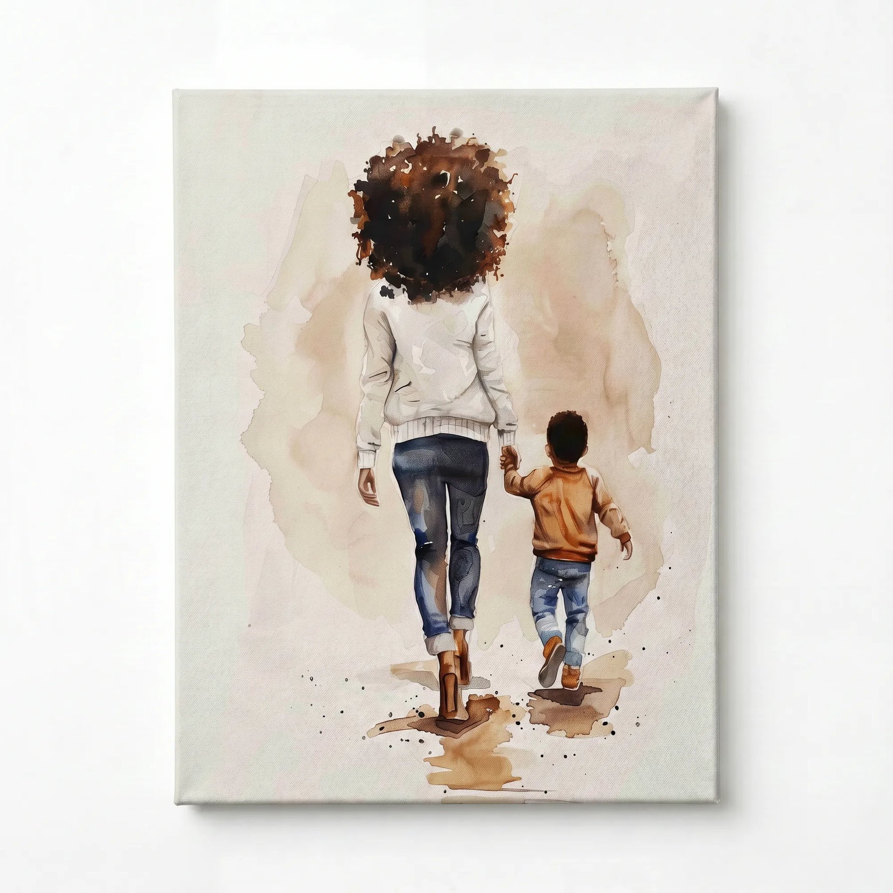 Black motherhood art prints stretched canvas, ready to hang. Watercolor of Black mother and son walking hand in hand. Digital mockup.