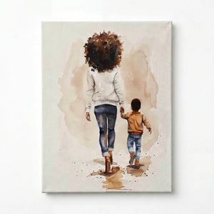 Black motherhood art prints stretched canvas, ready to hang. Watercolor of Black mother and son walking hand in hand. Digital mockup.