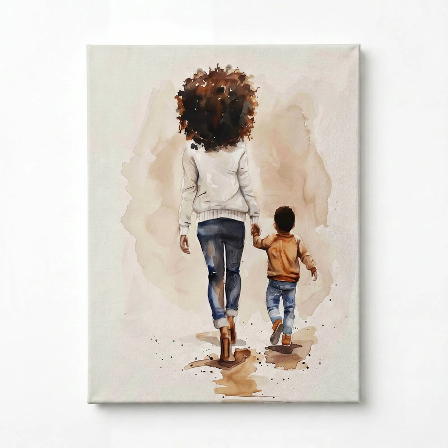 Black motherhood art prints stretched canvas, ready to hang. Watercolor of Black mother and son walking hand in hand. Digital mockup.
