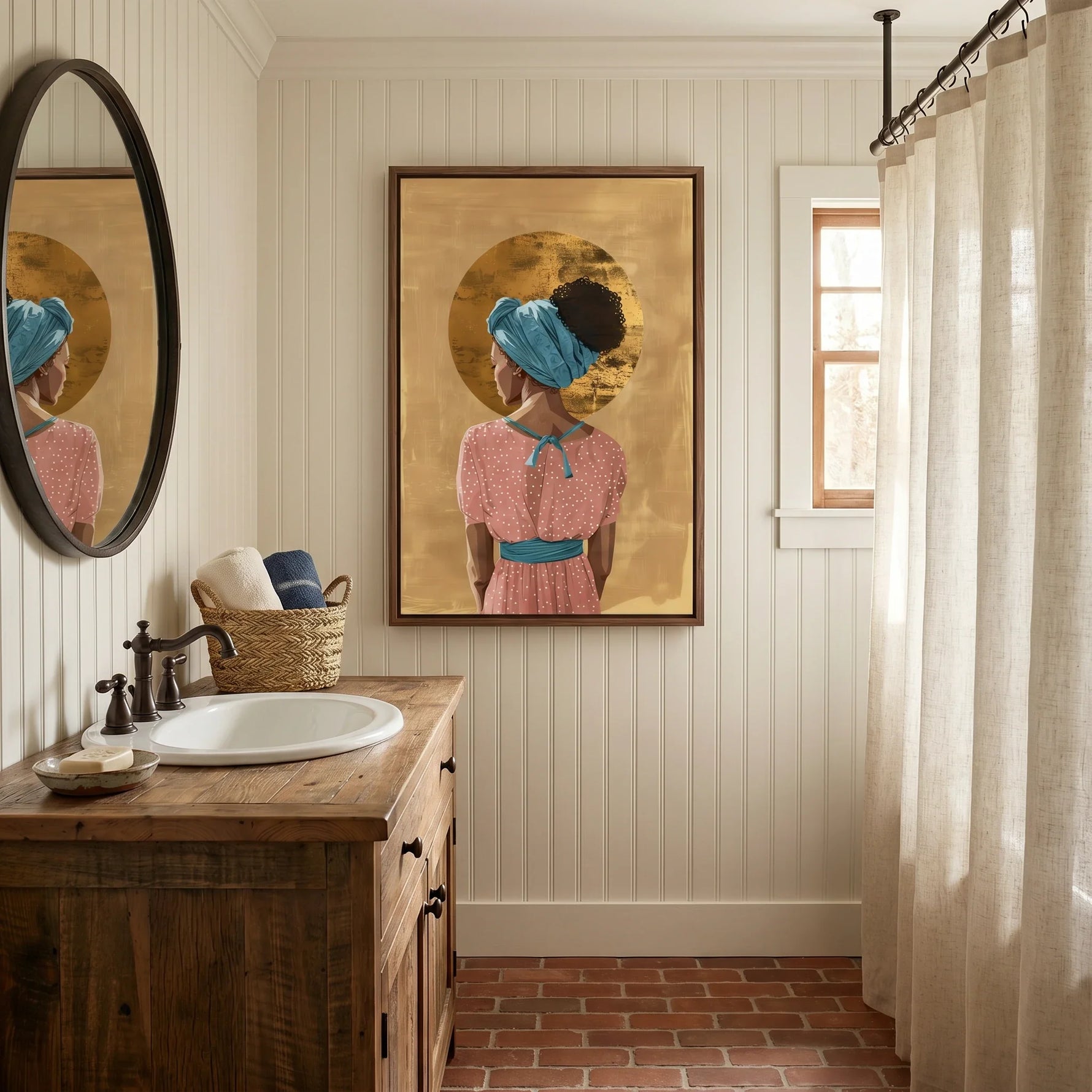African American art with gold accents in bathroom with cottage beadboard bath, oval mirror, brick floor, linen curtain. Digital mockup.