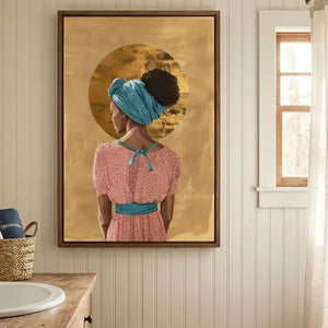 African American bathroom art canvas in coastal farmhouse bath with beadboard walls, Black woman crown halo art, oil painting. Digital mockup.