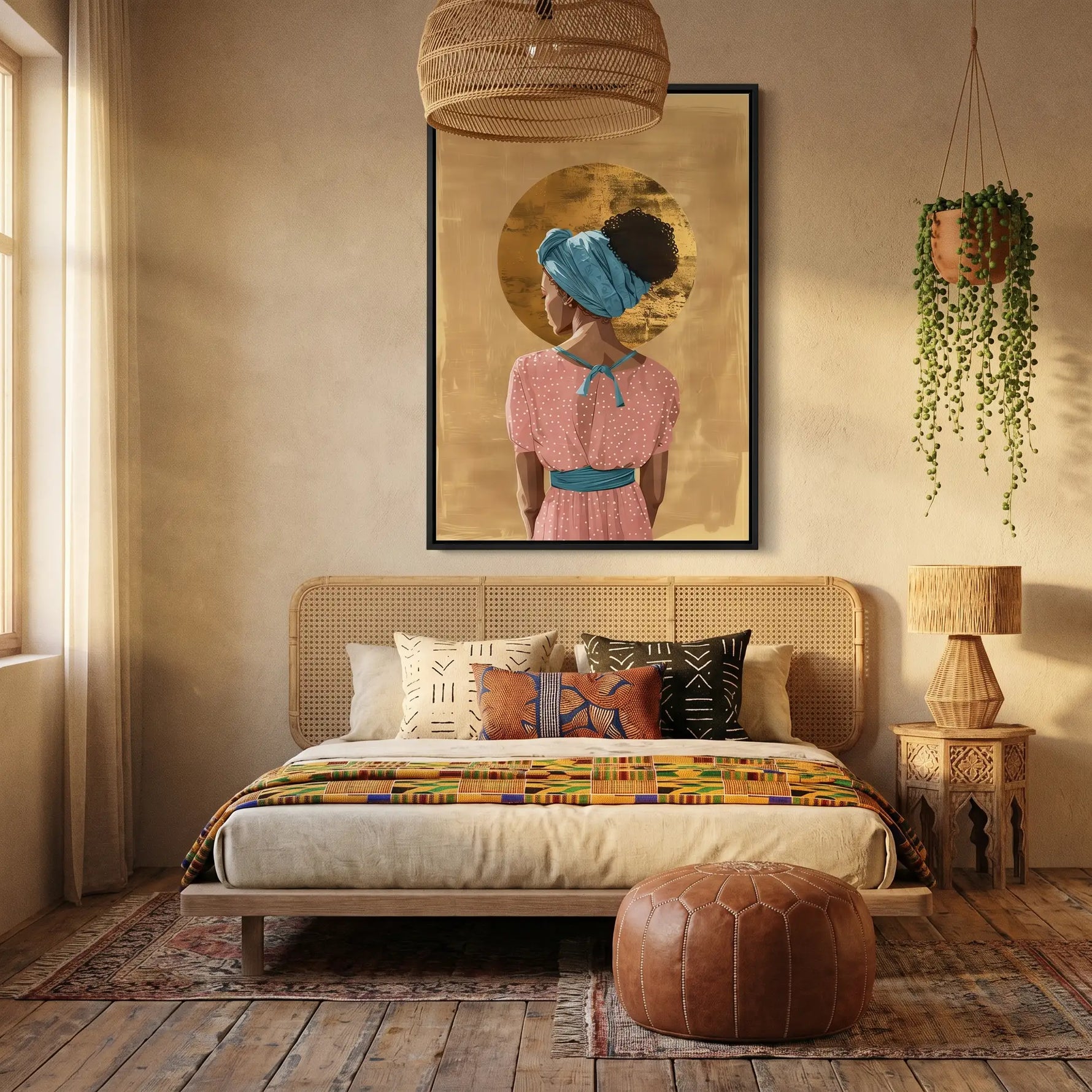 Melanin queen canvas in bedroom with boho rattan headboard, kente throw, leather pouf, hanging plant. Digital mockup.