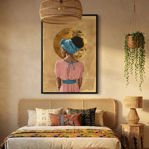 Black girl magic bedroom decor in boho space with cane bed and kente bedding, Black woman with gold halo crown, oil painting. Digital mockup.