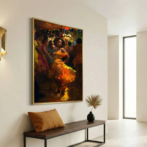 Modern Black art for apartment in minimalist hallway with brass sconce and walnut bench, Black woman in orange dress dancing. Digital mockup.